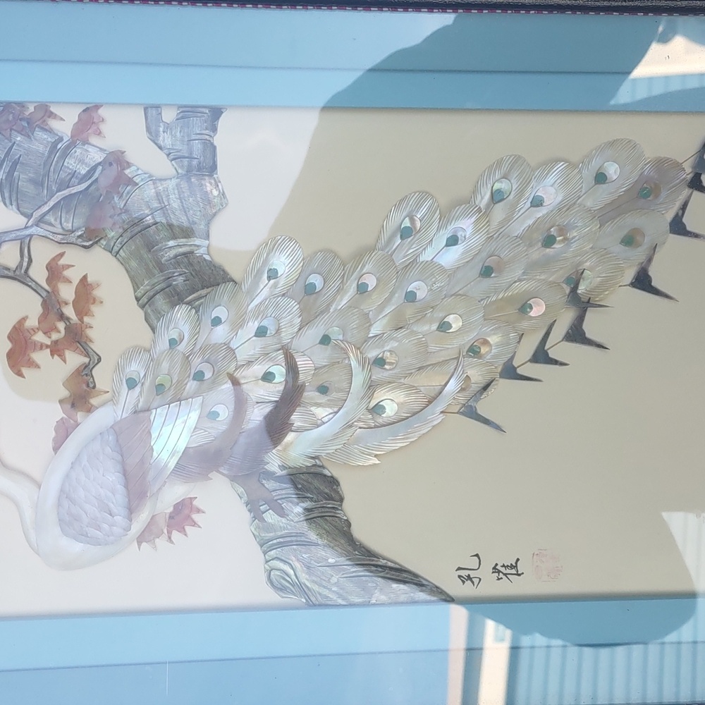 White Peacock & bird in spring made with mother pearl shells
